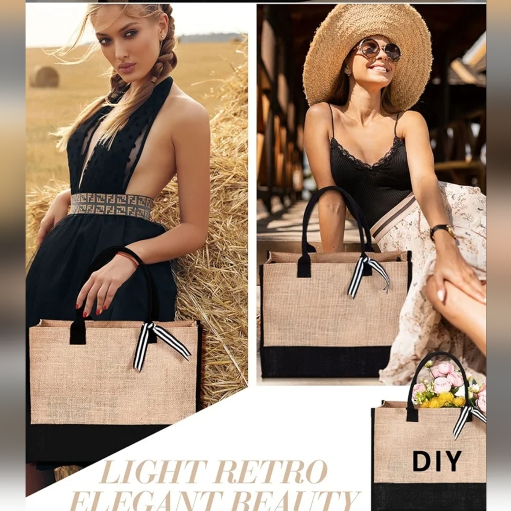 Burlap Canvas Black And Cream  Beach Tote, Makeup Bag And Travel Small Bag Set